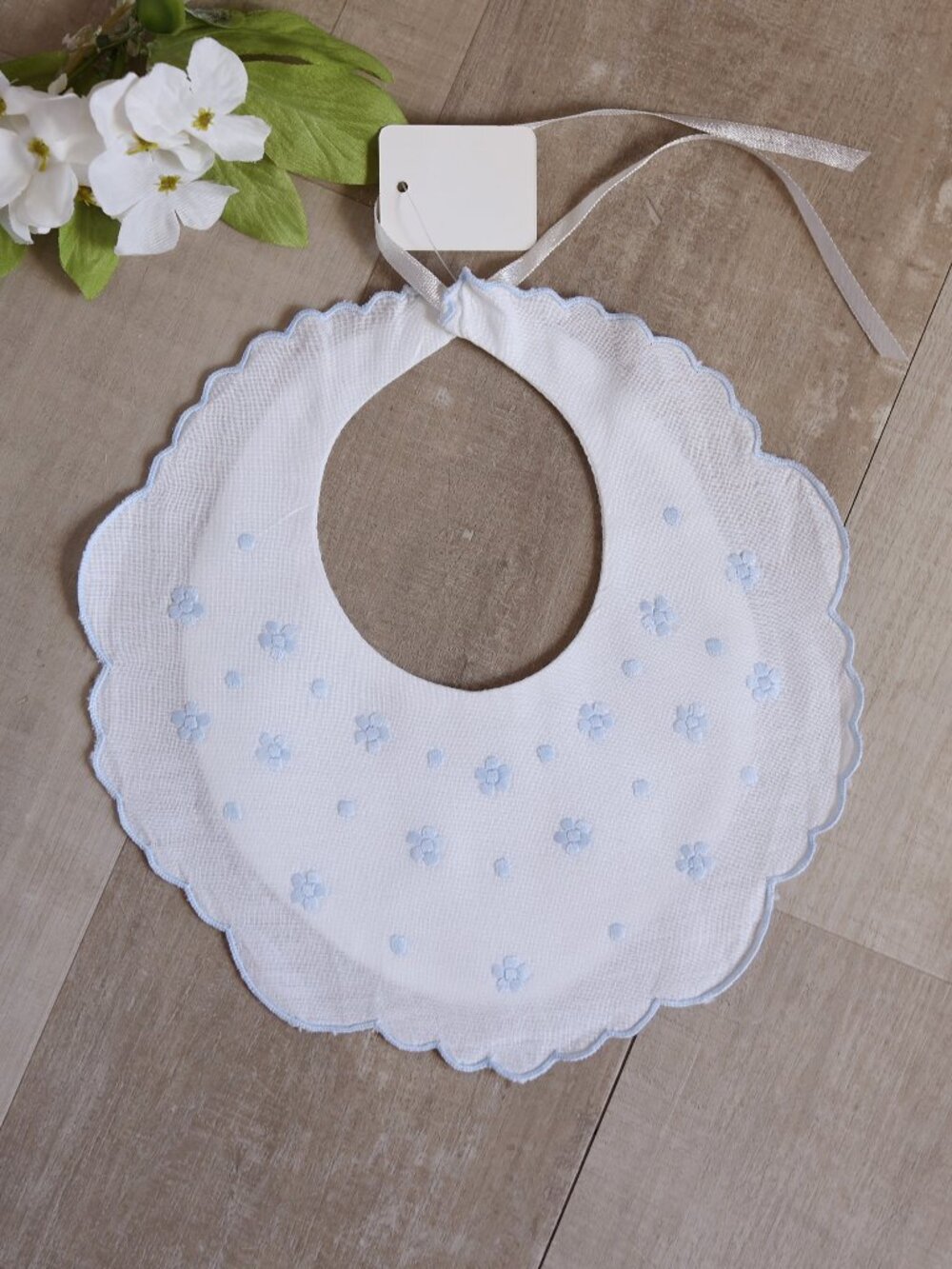 White Scalloped Linen Heirloom Bib With Blue Floral Embroidery Satin Ribbon Ties